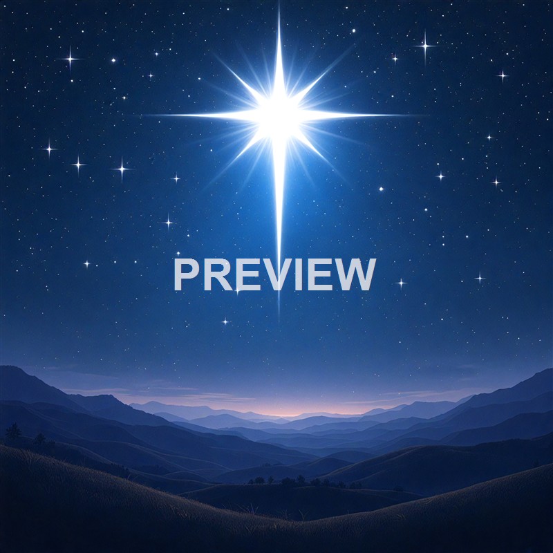 A bright, large star shines intensely in a clear night sky filled with numerous smaller stars, above a silhouette of rolling mountains.